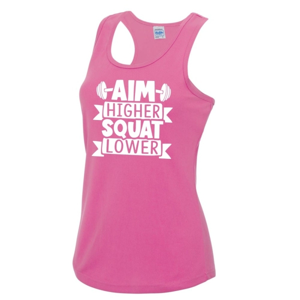 Womens Gym Polyester Tank Top Workout Top Funny Gym Vest Ladies Gym Vest Weightlifting Shirt Fitness Vest Aim Higher Squat Lower
