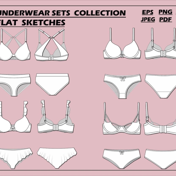 Women's underwear sets bundle vectors- bra vector-fashion flat sketch for adobe illustrator - technical drawing -women's underwear templates