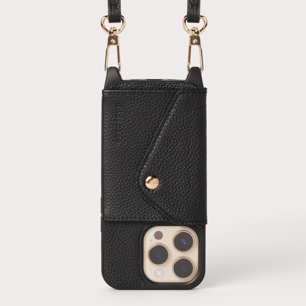 Ultra-Durable Pebbled Black Genuine Leather iPhone Case Crossbody Purse w/ Expanded Wallet Card Pocket - Newest iPhone 16 Series