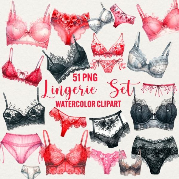 Watercolor Lingerie Clipart, 51 png woman underwear, lady bra clip art boudoir, lace underwear, bridal shower invitation DIY, commercial use