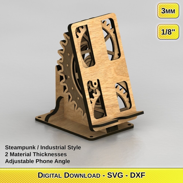 Laser Cut Steampunk Phone Stand Files - Adjustable Angle - 2 Material Thicknesses