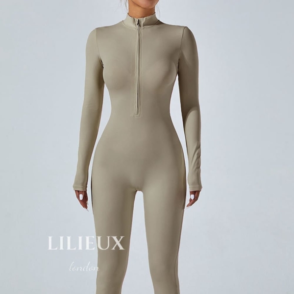 LILIEUX - Women's Ribbed Stylish Long-Sleeve Full-Zip Sports Jumpsuit - Bodycon Unitard for Gym - All-In-One Stretch Romper Playsuit