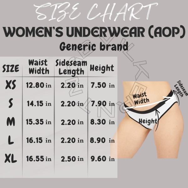 Women's Underwear Size Chart | Size Chart for Women's Underwear (AOP) | Womens Underwear AOP Mockup size chart | Underwear size chart