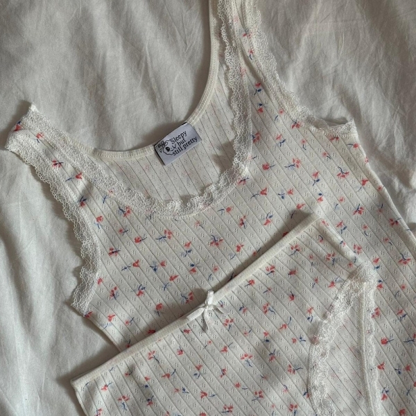 100% Fine Cotton Flower Pointelle Homewear Set Thick Straps