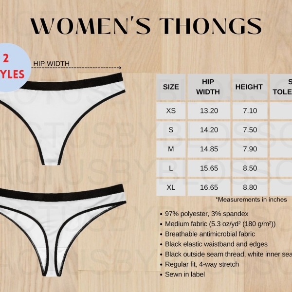 2 Size Chart Women Thongs AOP mockup Etsy tool Sizing XS-xL All-over-prints Chart Etsy mockup Printify POD listing etsy new seller underwear