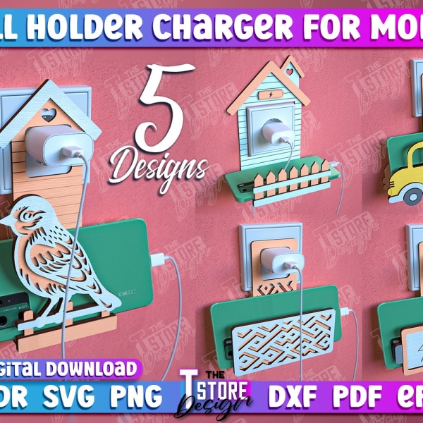 Wall Holder Charger for Mobile Laser Cut bundle, 3d Lasercut organizer, personalized wall phone holder, Phone Stand, Home Decor, CNC Files
