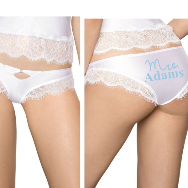 Personalised Mrs (your name) bridal diamante lace underwear - back print briefs, pants - wedding, married, honeymoon, something blue