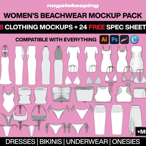 Ultimate Women's Fashion Beachwear Mockup Template Pack - 48 Editable Templates for Beachwear Dresses Underwear Swimwear + Free Spec Sheets