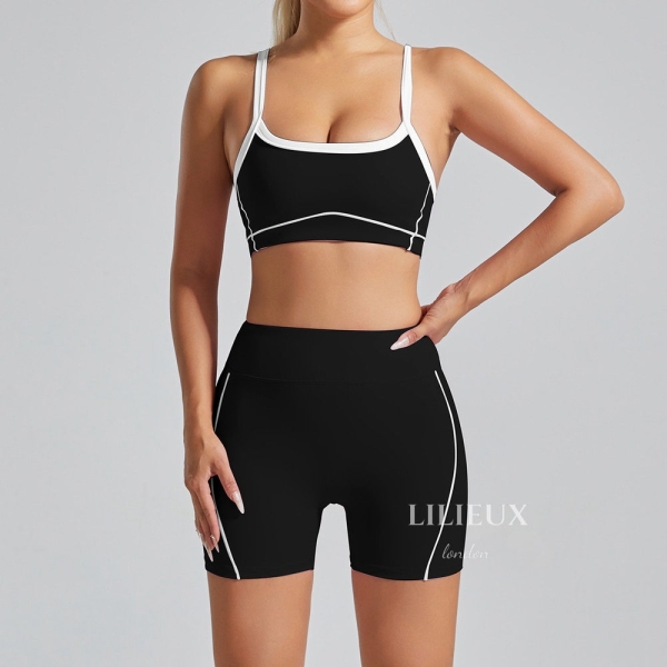 LILIEUX - 2 Piece Women's Soft Active Sports Bra and High-Waisted Contrast-Trim Mini Shorts Set -  for Yoga, Gym, and Fitness