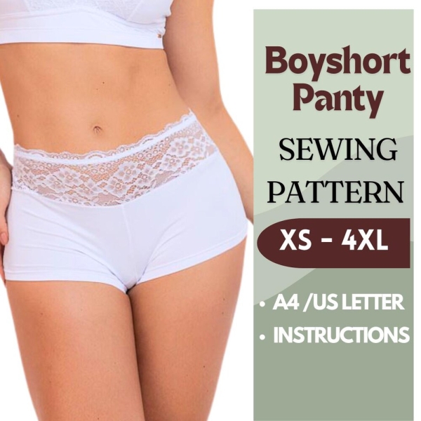 Boyshort Panty Sewing Pattern - Lace Waist Underwear - DIY Lingerie Pattern - XS-4XL - A4, US Letter - Sewing Instructions