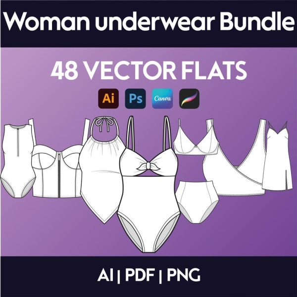 Underwear Mockup Pack & 48 Women Fashion Vectors - Fashion Design Pack - Procreate Mockup - Vector Technical Drawings