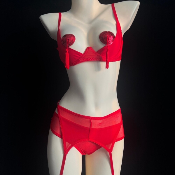 Red Mercerized Hollow Shorts Women's Underwear Set Halloween Women's Costume, Thong