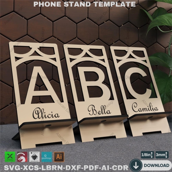 Laser Cut Phone Holder - 26 Letter Designs - Phone Stand SVG Files,Phone Stand Laser Cutting Files - Personalised Alphabet Designs - SVG 867