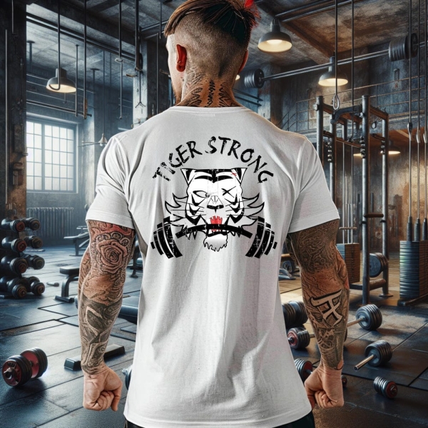 Tiger Strong Gym T-Shirt - Fitness Workout Tee, Men's Activewear, Muscle Training Shirt, Animal Lover Gift, Tiger Graphic Top, Barbell Tee