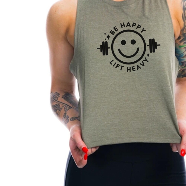 Be Happy Lift Heavy Crop Tank – Funny Workout Shirt, Gym Top for Fitness Enthusiasts, Weightlifting Lovers, Athleisure Gift