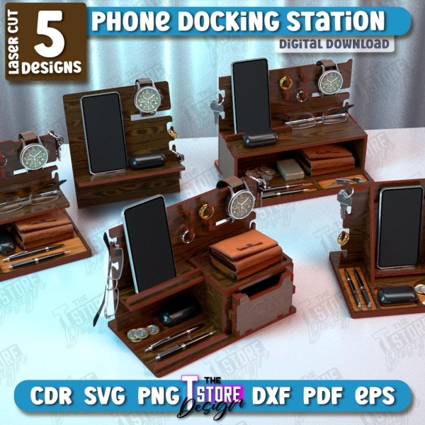 Phone Docking Station Laser Cut Bundle, Wooden Desktop Organizer SVG, Charging Station Laser Cut, Men's Birthday Gift, Fathers Day Gift Idea